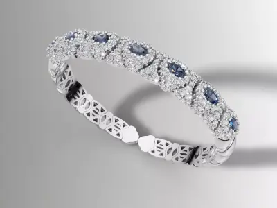 Stretchable Blue Sapphire and Diamond Bangle in White Gold 3D print model