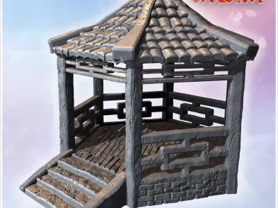 Traditional hexagonal pavilion with wooden pillars tiled roof an 3D print model