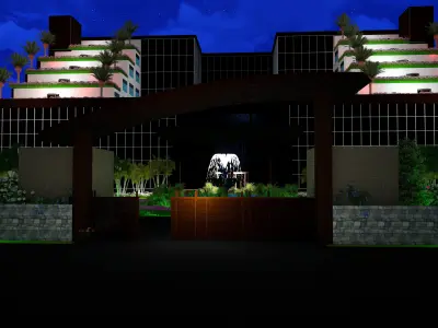 Hotel building with lot of greenery Low-poly 3D model