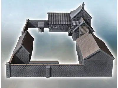 Set of rural farm with multiple buildings barn well and stone en 3D print model
