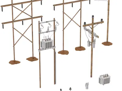 Wooden Power Poles Set Low-poly 3D model