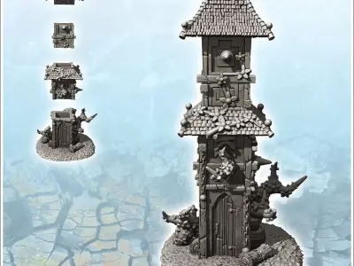 Large medieval tower with multiple tiled roofs and plant-covered 3D print model