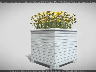 Public Plant Pot Wood-Version with Sunflowers Low-poly 3D model