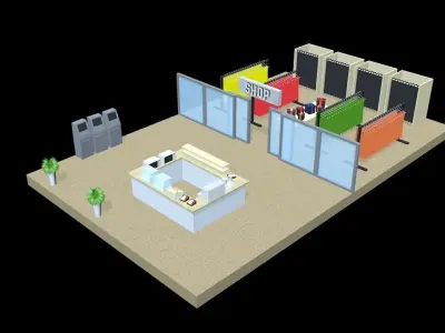 Low-poly isometric shopping mall floor clothes shop and a cafe Low-poly 3D model