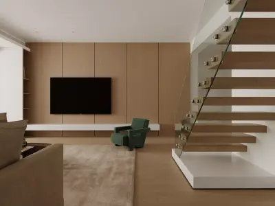 Minimalist Wooden Style Living Room Interior Scene 3D model