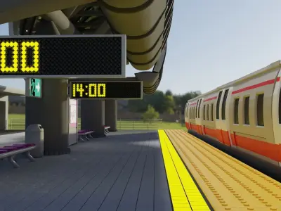 Low Poly Train Station with Train 3D model