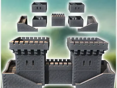 Stone fortress with double towers and access stairs 9 - Medieval 3D print model
