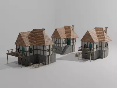 3 European style rural houses Low-poly 3D model