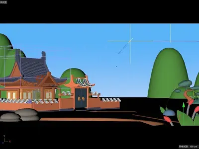 cartoon chinese style courtyard scene 3D model