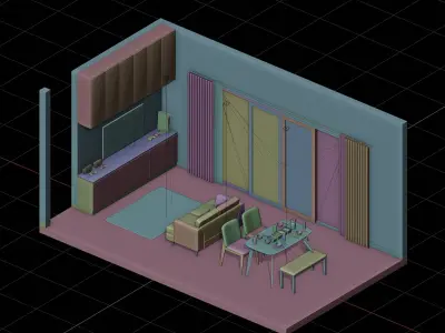 Isometric Open Space Living Dining Room 3D model