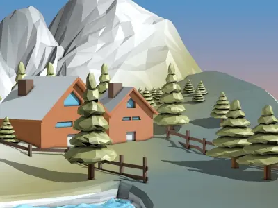 Cartoon Mountain Landscape with Houses and Forest Low-poly 3D model