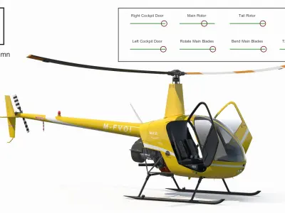  Robinson R22 Aircraft with Bubble Cockpit Yellow Rigged 