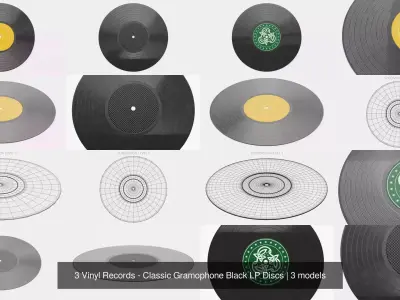 3 Vinyl Records - Classic Gramophone Black LP Discs 3D Model Pack