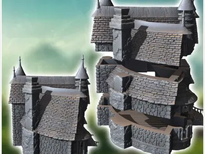 Large medieval manor house with entrance staircase and multiple  3D print model