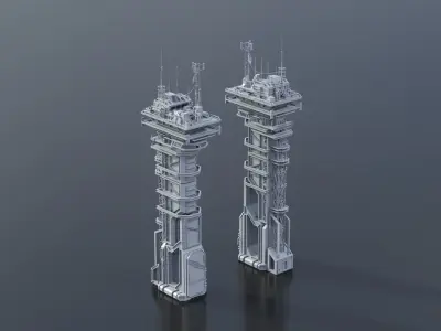 Scifi buildings radiotower skyscraper Low-poly 3D model