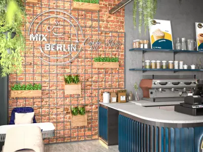 Modern Coffee Shop Interior and Exterior 3D Scene 3D model