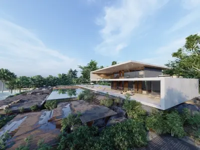 Folding modern architecture beach house Revit Rocks underground 3D model