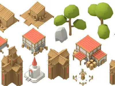 Full City low Poly Fantasy RTS 128 Model Game Ready Low-poly 3D model