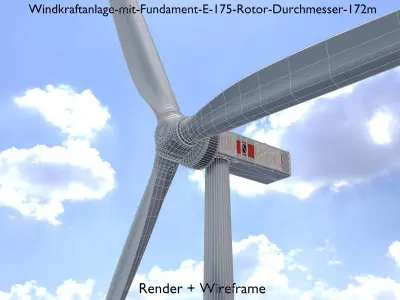 Wind-turbine with foundation E-175 rotor-diameter 172m Low-poly 3D model