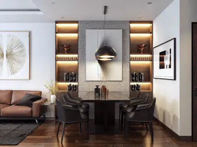 Modern apartment with elegant living room kitchen  dining room 3D model