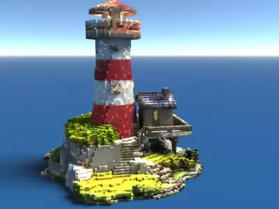 Stylized Voxel Lighthouse Island Low-poly 3D model