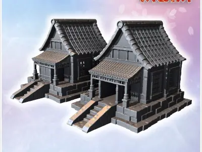 Twin traditional Japanese buildings with stone steps wooden pill 3D print model