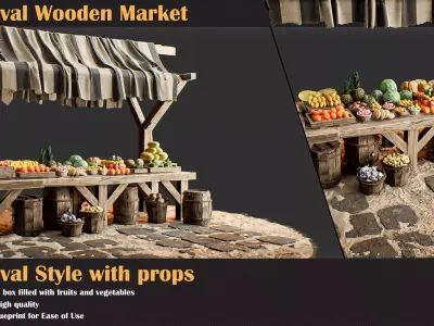 Medieval Wooden Market Pack Set 4 With Props 3D model