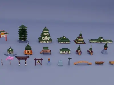 Pack low poly chinese city Low-poly 3D model