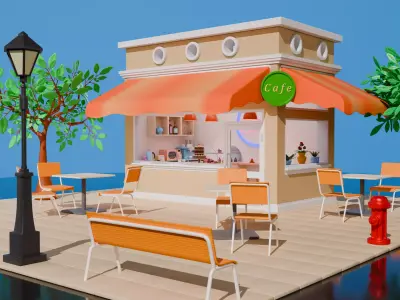 Stylized Isometric Cafe with Retro Van  Modular Blender Scene Low-poly 3D model