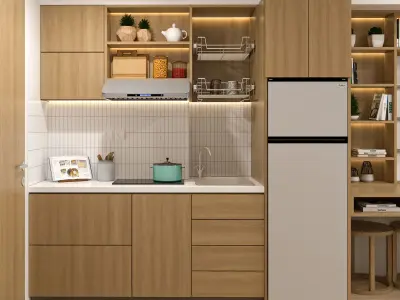Japandi Studio Apartment - Kitchen - Bedroom - Bathroom Low-poly 3D model