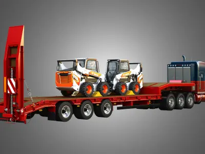 57P Heavy Duty Tri Axle Semi Truck with S76 Skid Steer  3 in 1  3D Model Pack