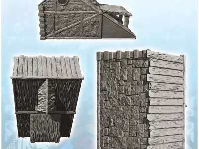 Medieval building with wide roof and double column entrance 4 -  3D print model