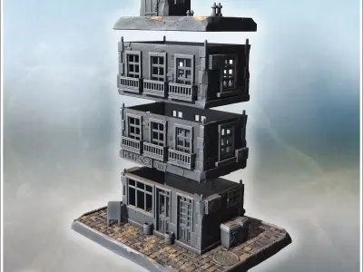 Mini market building with balconies detailed windows rooftop str 3D print model