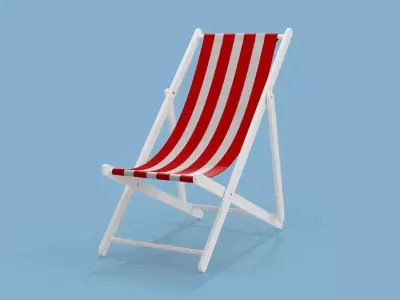 Wooden Folding Beach Chair with Red and White Striped Seat 3D model