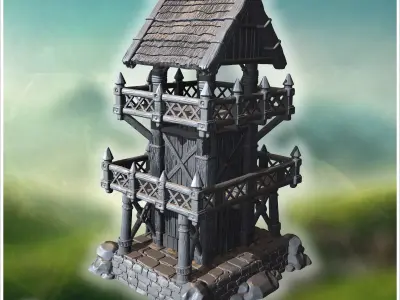 Tall wooden watchtower with fortified railings a ladder and that 3D print model