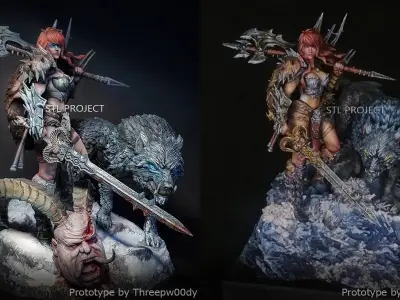 Barbarian statue of woman and wolf 3D print model