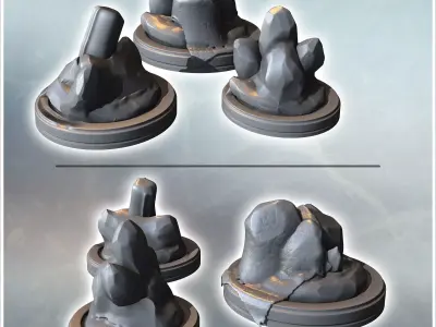 Set of three crystals and rocks on round bases 1 - Medieval Fant 3D print model