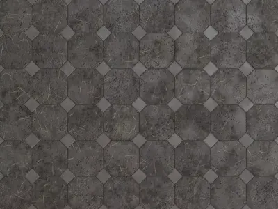 Dark Scratched Octagonal Stone Pavers PBR Seamless Texture