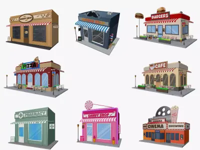 Cartoon City Buildings Shops Low-poly 3D model