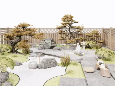 Japanese Zen - style Courtyard Landscape Design 3D model