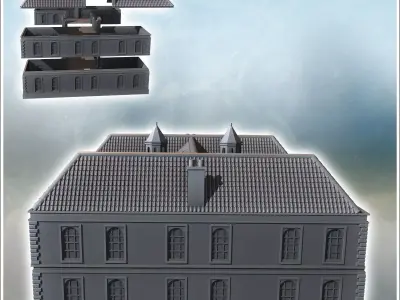 Modern building with bell towers two wings and access staircase  3D print model