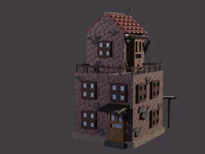low-poly house brick building with roof Low-poly 3D model