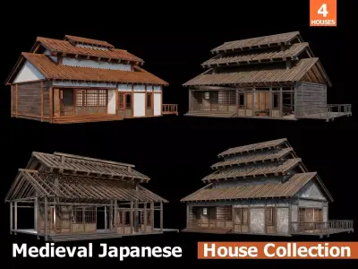 Medieval  Japanese Houses  - 4K Textures Game Ready Low-poly 3D model