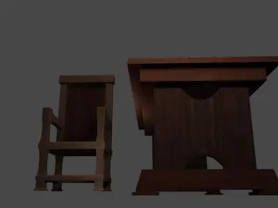 Dark Wood Table and Chair- Handpainted Low-poly 3D model