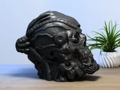 Robot Skull Headphone Stand Cyborg Headset Stand 3D print model 5