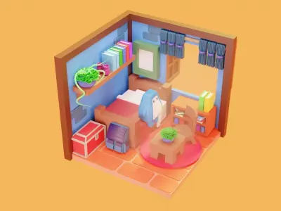 Lowpoly cute monster bedroom Low-poly 3D model