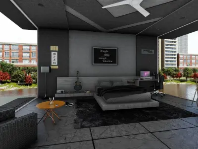 Modern Gray Minimalis Bedroom Design 3D model