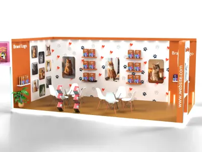 Whimsical cat food booth with heart wall graphics and racks 3D model