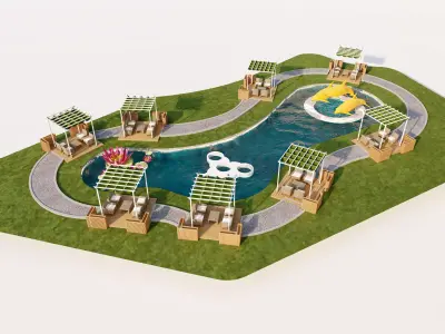 Organic Park Landscape with Water Pond and Pergolas Low-poly 3D model