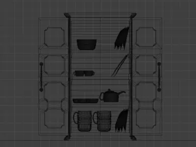 3D Model of Kitchen Crockery Cupboard with Crockery Set Low-poly 3D model